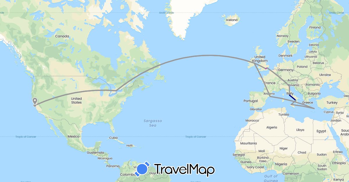 TravelMap itinerary: driving, plane, train in Canada, Spain, United Kingdom, Greece, Ireland, Italy, United States (Europe, North America)