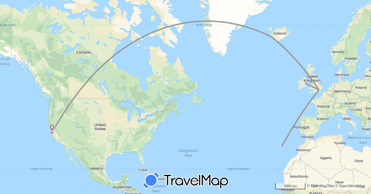 TravelMap itinerary: driving, plane in United Kingdom, Ireland, Iceland, Portugal, United States (Europe, North America)