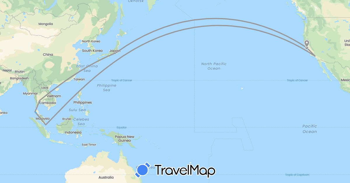 TravelMap itinerary: driving, plane, boat in Japan, Singapore, Thailand, United States (Asia, North America)